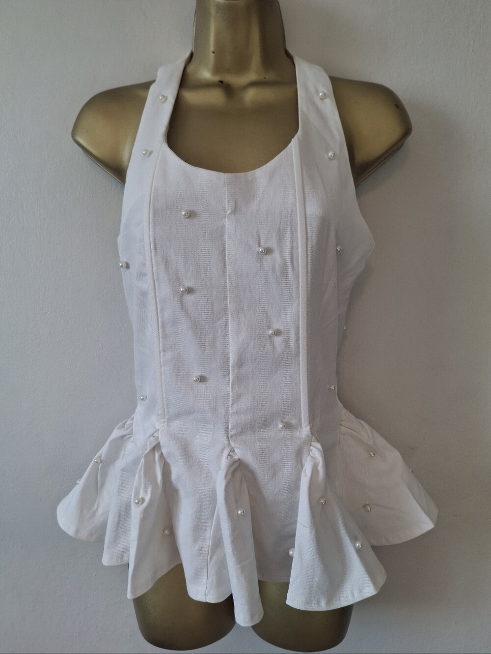 White Embellished Halter Peplum Top - Women